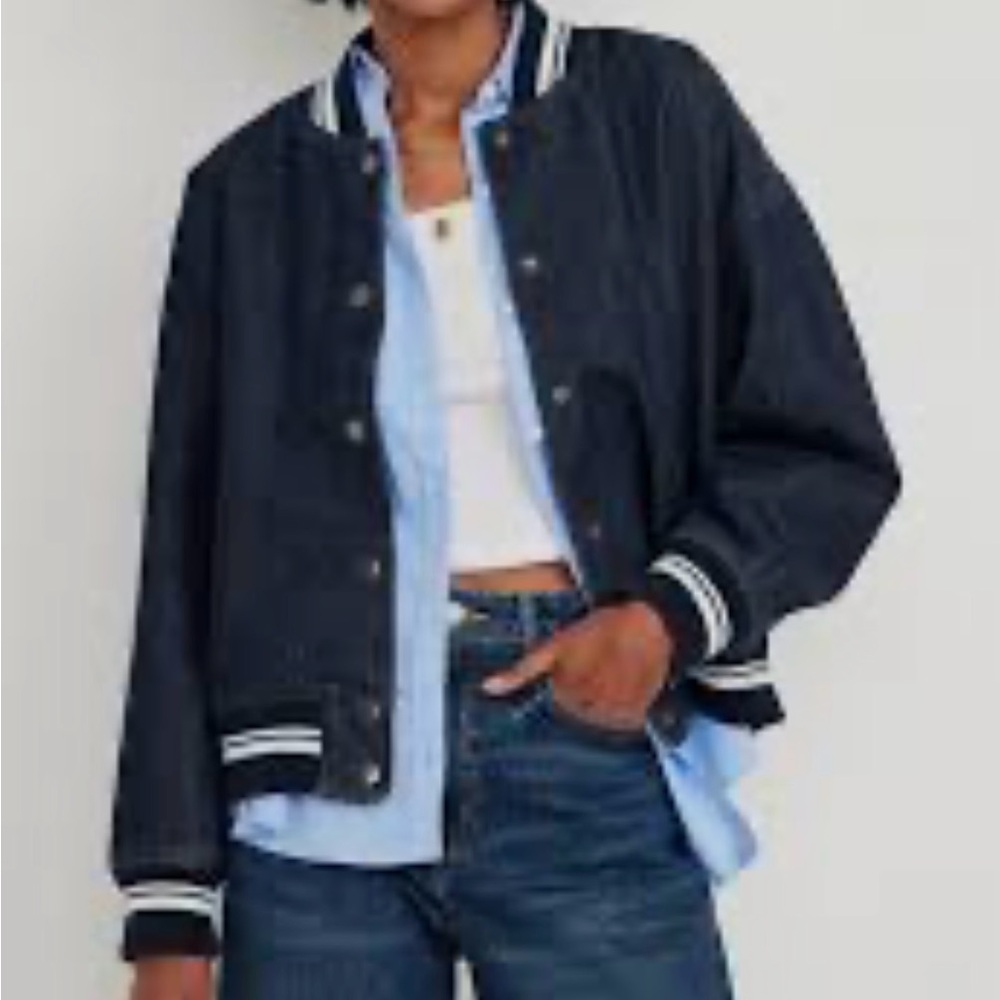 Old Navy Blue Varsity Jacket with Striped Trim